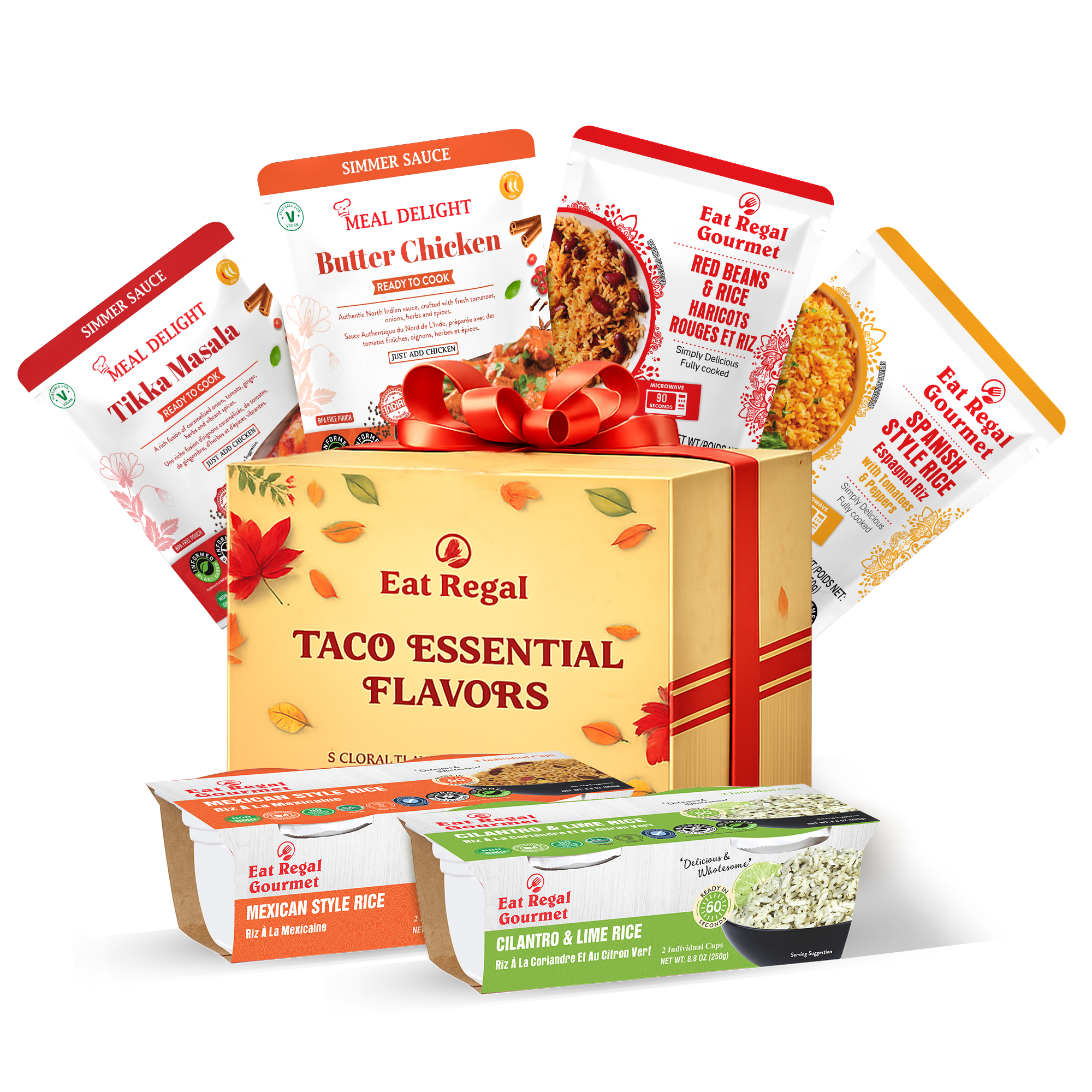 Eat Regal Taco Essentials Holiday Gift Box – 6-Item Global Taco Kit with Flavored Ready Rice & Indian Simmer Sauces | Microwave-Ready Rice Cups & Pouches + Ready-to-Cook Sauces | Holiday Gifting & Taco Night Made Easy - Regal Kitchen Store