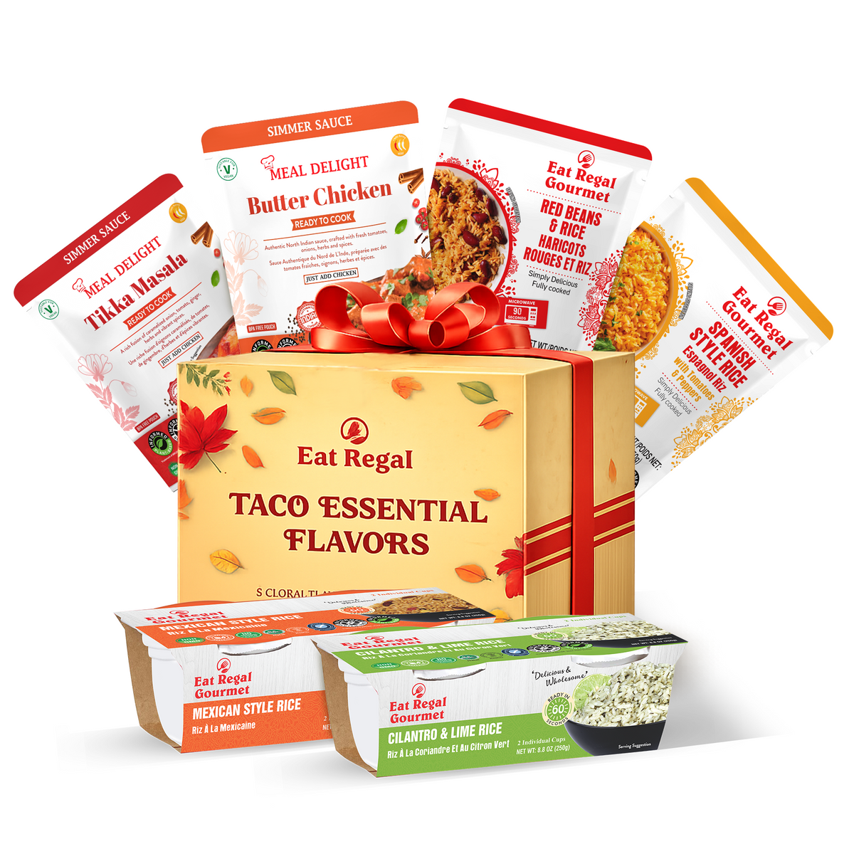 Eat Regal Taco Essentials Holiday Gift Box – 6-Item Global Taco Kit with Flavored Ready Rice & Indian Simmer Sauces | Microwave-Ready Rice Cups & Pouches + Ready-to-Cook Sauces | Holiday Gifting & Taco Night Made Easy - Regal Kitchen Store