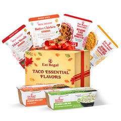 Eat Regal Taco Essentials Holiday Gift Box – 6-Item Global Taco Kit with Flavored Ready Rice & Indian Simmer Sauces | Microwave-Ready Rice Cups & Pouches + Ready-to-Cook Sauces | Holiday Gifting & Taco Night Made Easy - Regal Kitchen Store