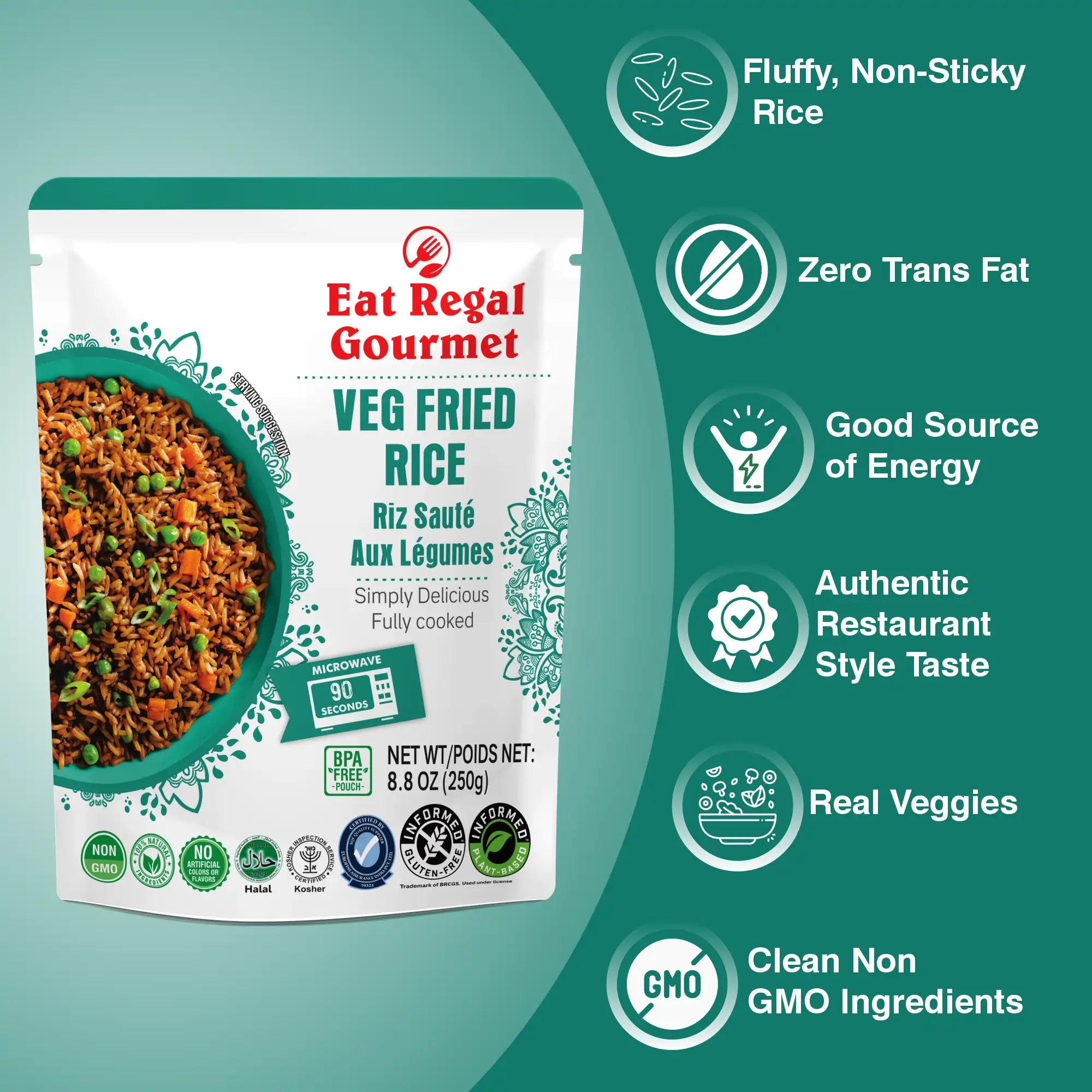 Eat Regal Veg Fried Rice – Savory Vegetable Rice, Ready in 90Seconds, 8.8 oz Each (6-Pack, Total 52.8 oz) - Regal Kitchen Store