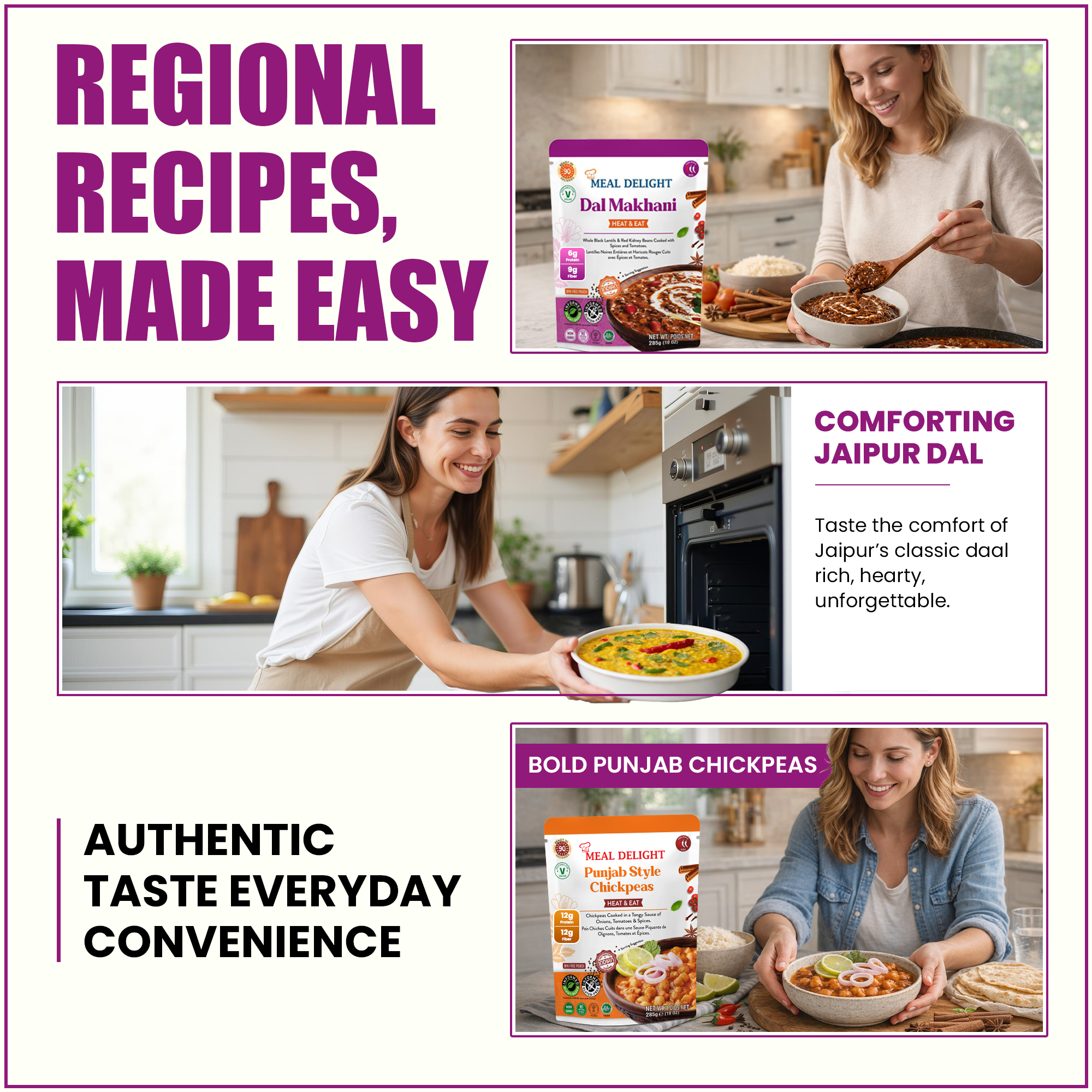 Meal Delight Dal Makhani, Dal Tadka & Chana Masala, Ready to Eat Indian Meals, Variety Pack of 6, Heat & Eat in 1.5 Minutes, No Preservatives, Shelf Stable, No Artificial Colors or Flavors Variety 6 Pack , 10 oz - Regal Kitchen Store