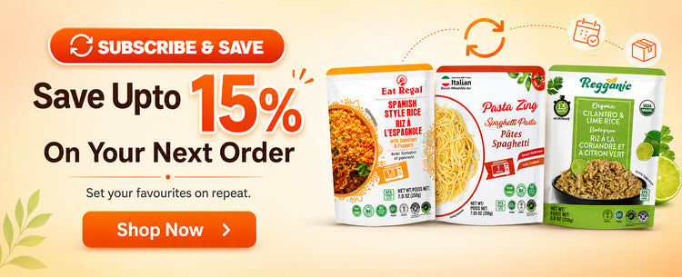 Subscribe and Save banner offering up to 15% off on Eat Regal Spanish Style Rice, Pasta Zing, and Regganic Cilantro Lime Rice.