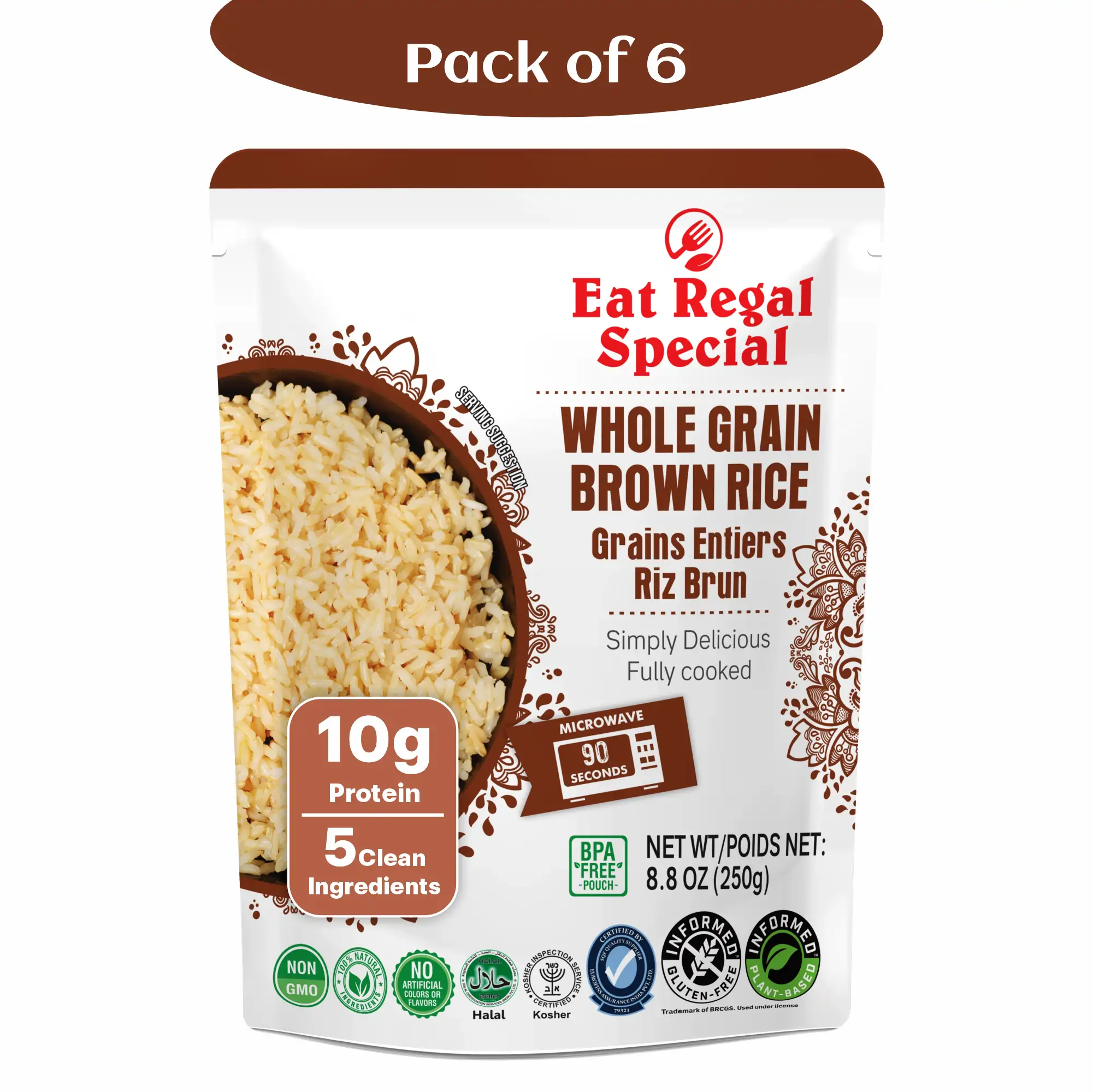 Eat Regal Ready to Eat Whole Grain Brown Rice Microwavable Pack of 6,8.8oz | Ready Rice in 90 Seconds | Heat and Eat | Precooked Rice | Ready to Eat | Side Dish - Regal Kitchen Store