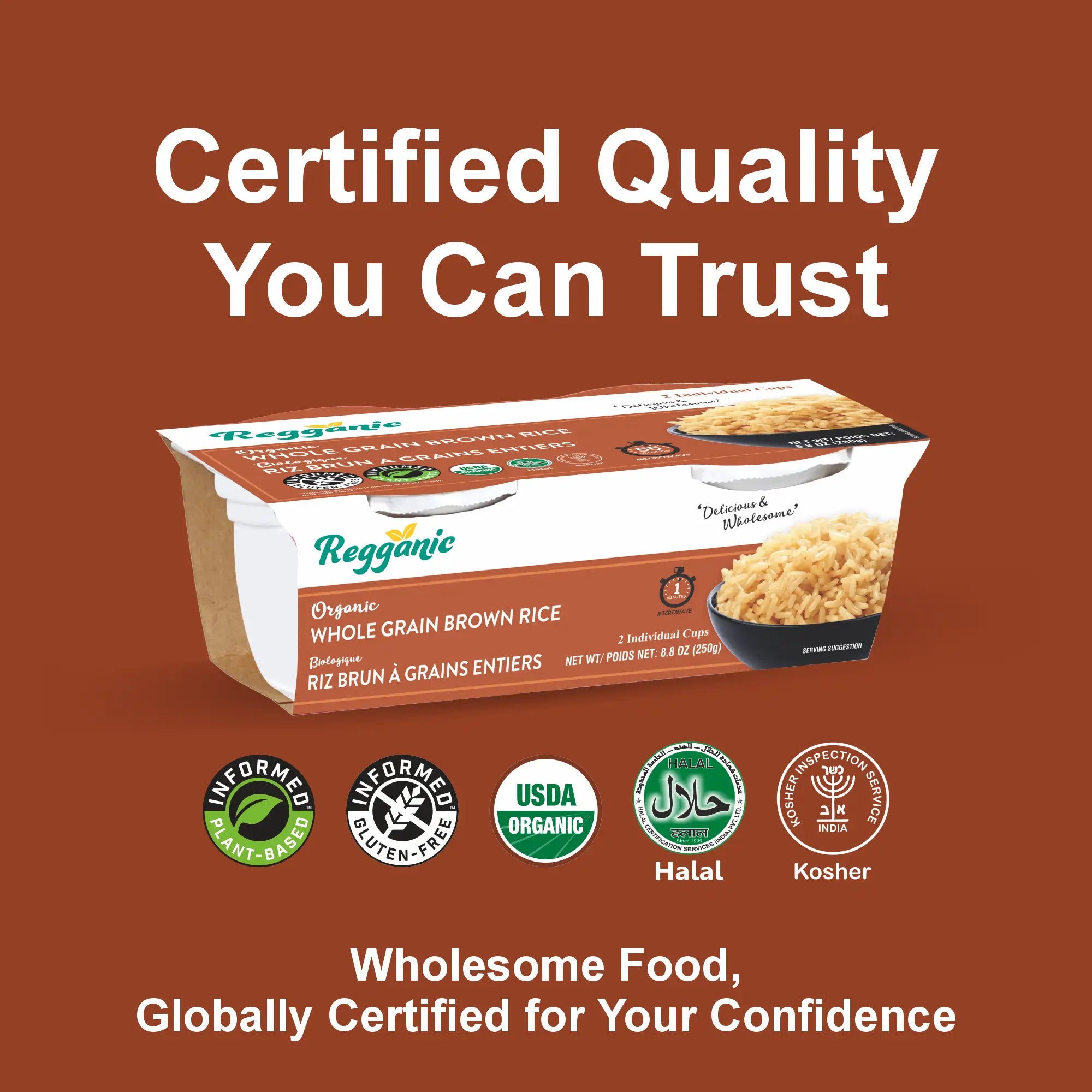 Regganic Organic Whole Grain Brown Rice, Microwaveable Cups, 8.8 oz, Pack of 6 - Regal Kitchen Store
