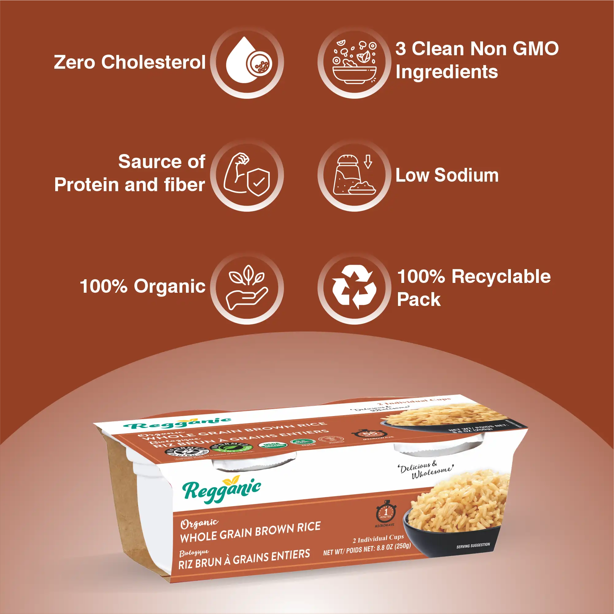 Regganic Organic Whole Grain Brown Rice, Microwaveable Cups, 8.8 oz, Pack of 6 - Regal Kitchen Store