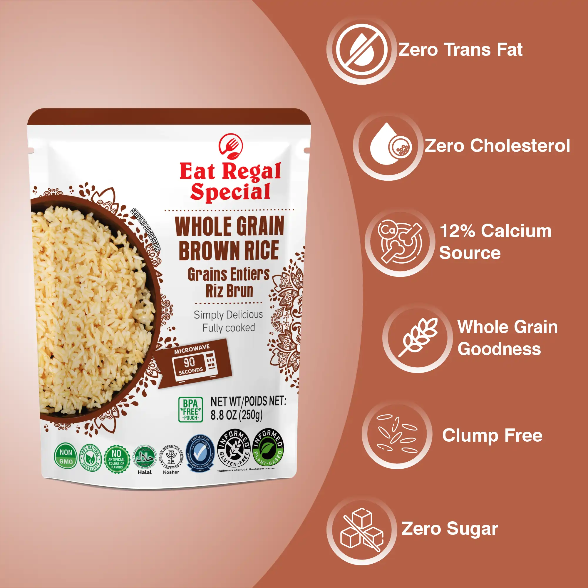 Eat Regal Ready to Eat Whole Grain Brown Rice Microwavable Pack of 6,8.8oz | Ready Rice in 90 Seconds | Heat and Eat | Precooked Rice | Ready to Eat | Side Dish - Regal Kitchen Store