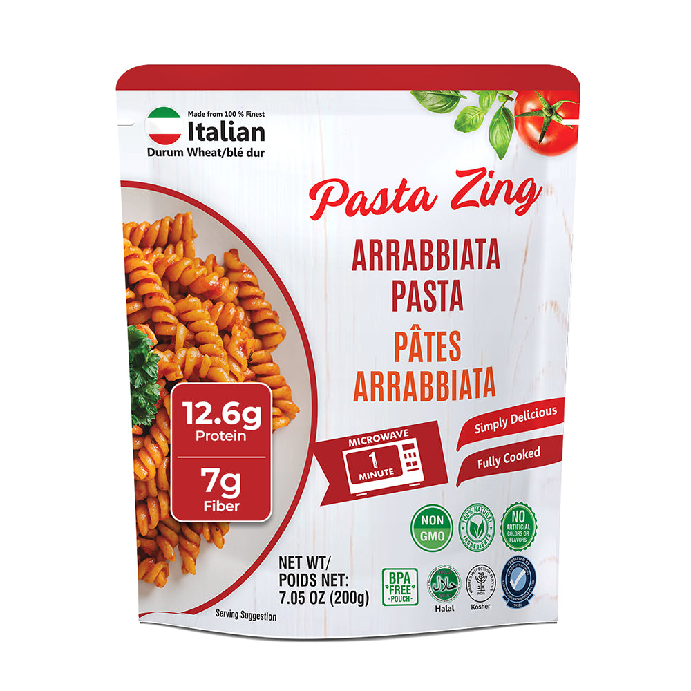 Pasta Zing Arrabbiata Pasta, Spicy Italian Al-Dente Fusilli, Ready in 1 Minute, Made with 100% Durum Wheat, 12.6g Protein 7g Fiber, Clean Label Shelf-Stable, 7.05 oz Pouch, Pack of 7 - Regal Kitchen Store