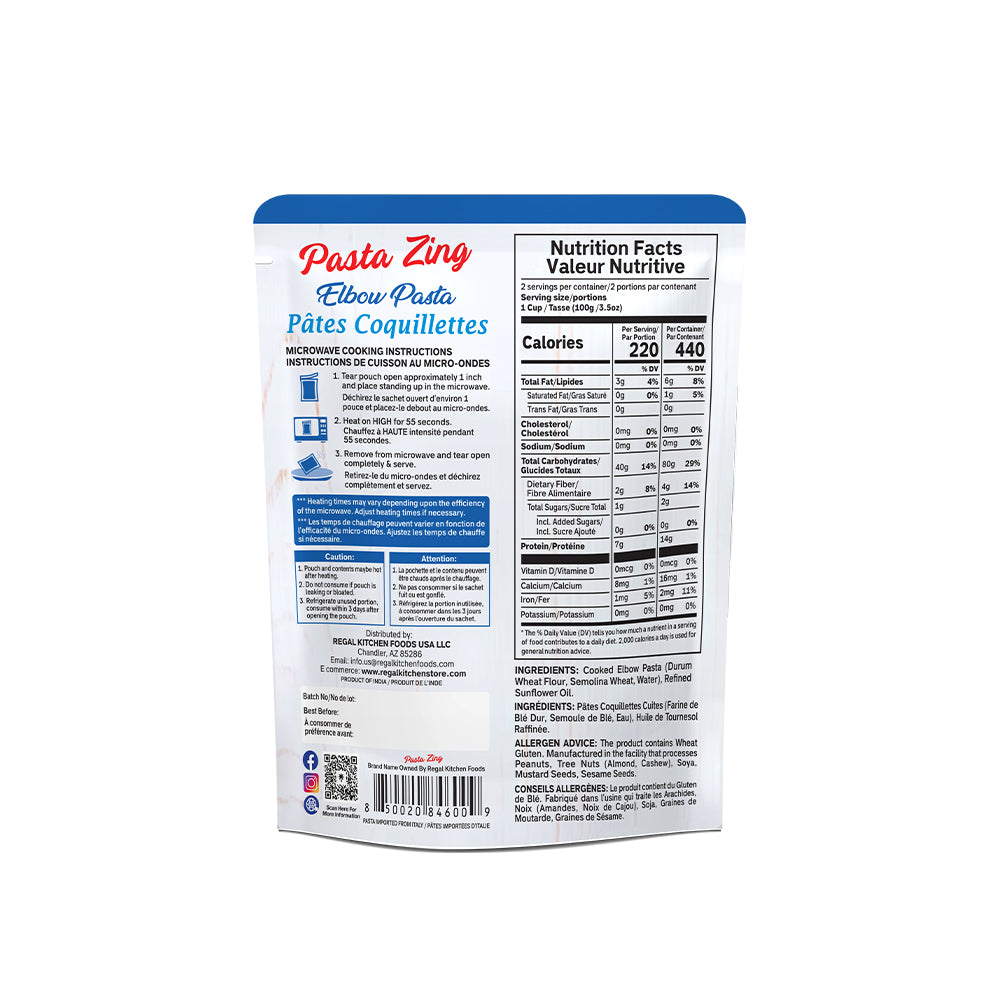 Pasta Zing Elbow Pasta - Ready in 60 Seconds - Regal Kitchen Foods USA LLC