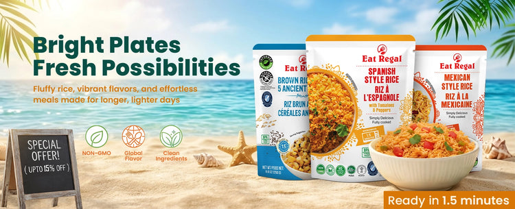A coastal-themed promotional image for Eat Regal ready-to-heat rice. Featured products include Brown Rice & 5 Ancient Grains, Spanish Style Rice, and Mexican Style Rice. The scene is set on a sandy beach with seashells and a chalkboard sign reading "Special Offer! (Up to 15% Off)."