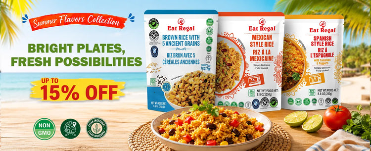 A coastal-themed promotional image for Eat Regal ready-to-heat rice. Featured products include Brown Rice & 5 Ancient Grains, Spanish Style Rice, and Mexican Style Rice. The scene is set on a sandy beach with seashells and a chalkboard sign reading "Special Offer! (Up to 15% Off)."