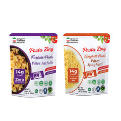 A product showcase featuring two pouches of Pasta Zing fully cooked pasta: Farfalle (purple) and Spaghetti (orange). Both pouches prominently display a "14g Protein" badge and a "1 Minute" microwave instruction icon. The Farfalle pouch highlights "Zero Cholesterol," while the Spaghetti pouch highlights "Al Dente Bite." Certification logos for BPA Free, Non-GMO, Halal, and Kosher are visible at the bottom of each pouch.
