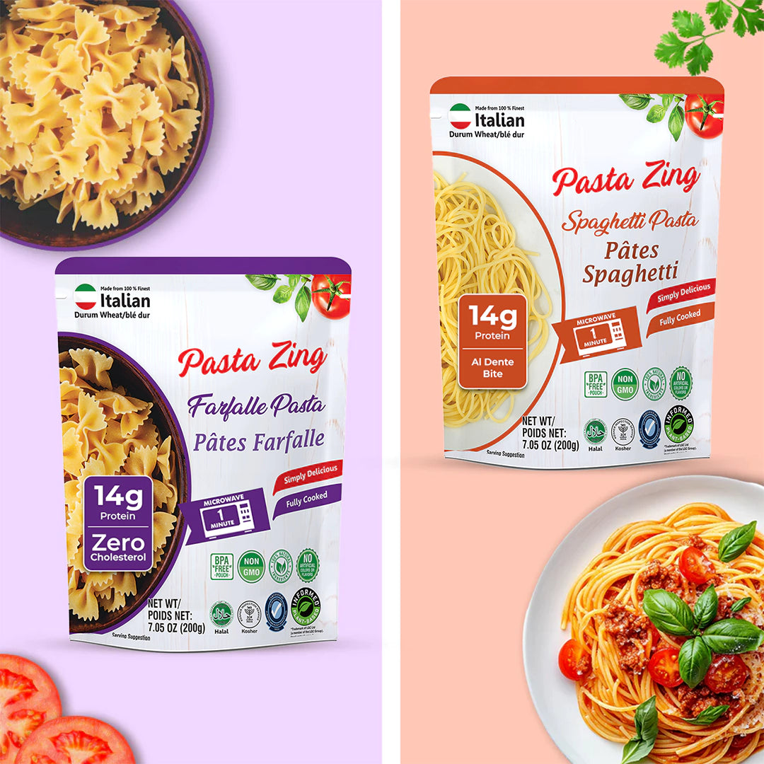 A vibrant lifestyle layout for Pasta Zing. The image is split into two color blocks: a purple side featuring a Farfalle pouch and a bowl of dry farfalle pasta, and a peach side featuring a Spaghetti pouch and a finished plate of spaghetti with tomato sauce and fresh basil. The graphic emphasizes the high protein content (14g) and health benefits, such as Zero Cholesterol for the farfalle and an Al Dente texture for the spaghetti.