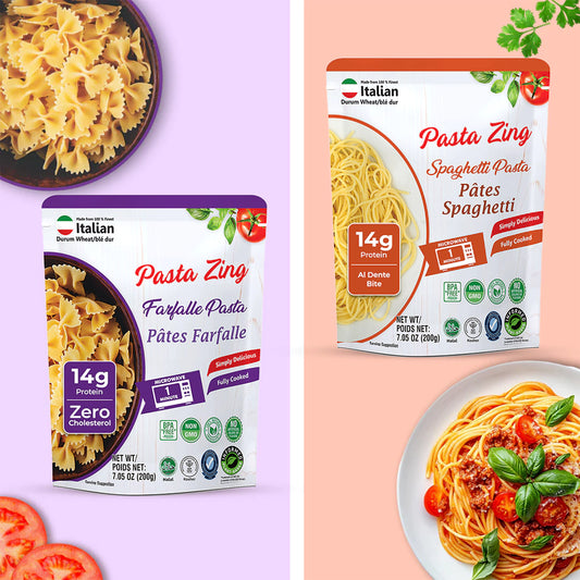 A vibrant lifestyle layout for Pasta Zing. The image is split into two color blocks: a purple side featuring a Farfalle pouch and a bowl of dry farfalle pasta, and a peach side featuring a Spaghetti pouch and a finished plate of spaghetti with tomato sauce and fresh basil. The graphic emphasizes the high protein content (14g) and health benefits, such as Zero Cholesterol for the farfalle and an Al Dente texture for the spaghetti. 1080