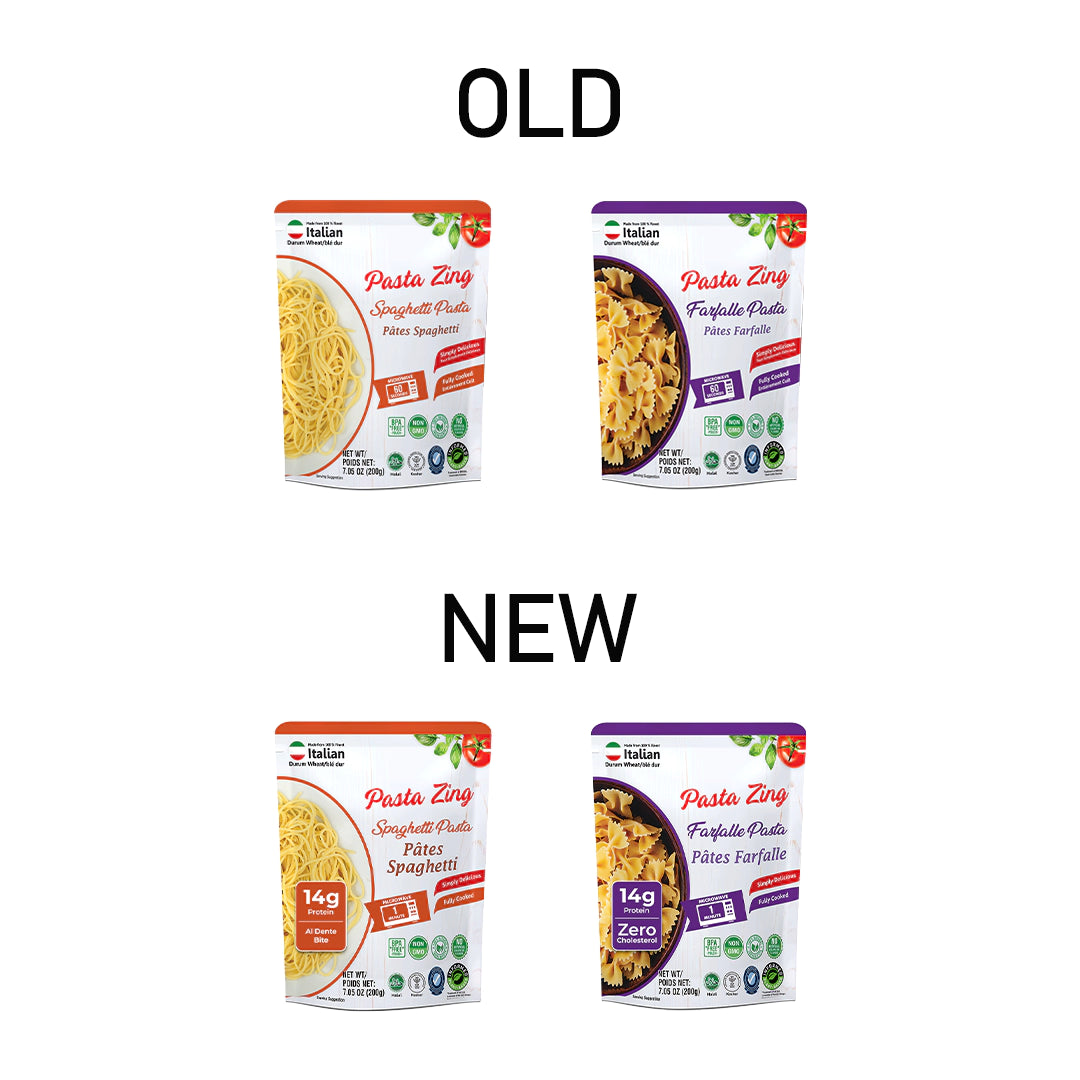 A comparison graphic labeled "OLD" and "NEW" showing the packaging updates for Pasta Zing. Top Row (Old): The original Spaghetti and Farfalle pouches feature a "60 Seconds" microwave icon. Bottom Row (New): The updated design prominently displays a "14g Protein" badge. The Spaghetti pouch (orange) now includes an "Al Dente Bite" label, while the Farfalle pouch (purple) highlights "Zero Cholesterol." The microwave icon has also been updated to read "1 Minute."