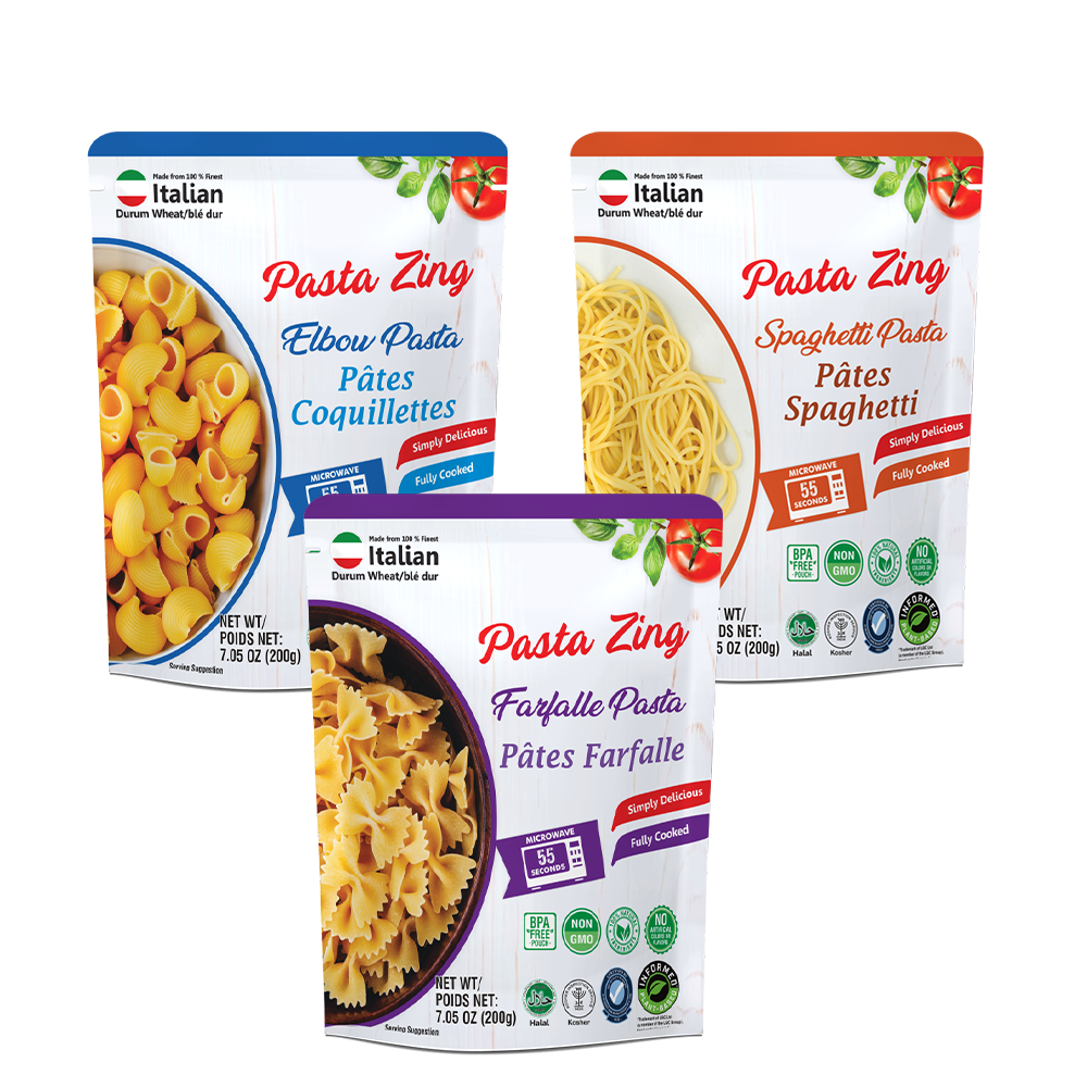 Pasta Zing Variety Pack – Spaghetti X 3, Farfalle X 2, Elbow X 2, 7.05 oz Each, Total 49.35 oz | Ready-to-Eat Pasta - Regal Kitchen Store