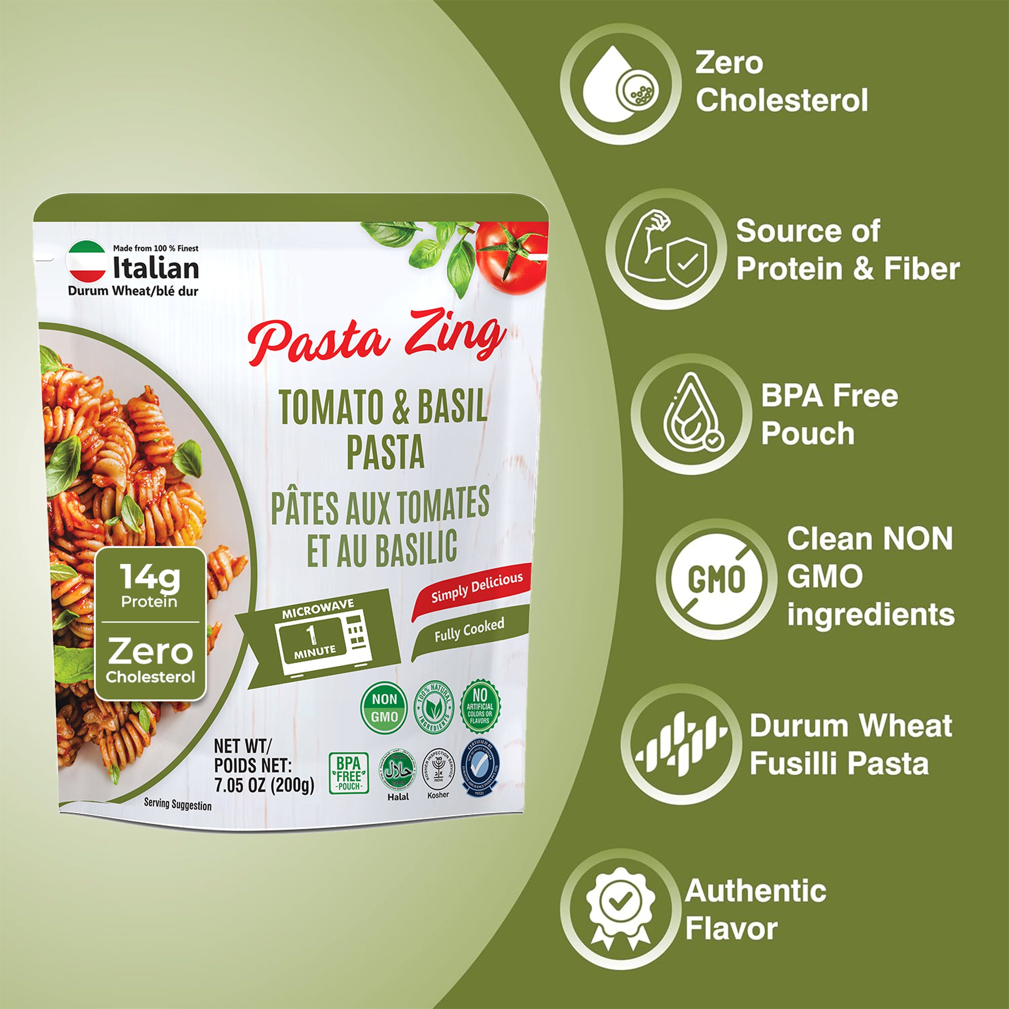 Pasta Zing Tomato & Basil Pasta, Authentic Italian Al-Dente Texture, Ready in 1 Minute, Made with Durum Wheat, 14g Protein 8.6g Fiber, Clean Label Shelf-Stable, Pack of 7, 7.05 oz - Regal Kitchen Store