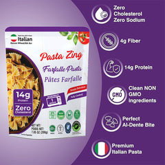 Pasta Zing Farfalle Pasta, Authentic Italian Al-Dente Texture, Ready in 1 Minute, 14g Protein 4g Fiber, Made with 100% Durum Wheat, Zero Sodium, Clean Label Shelf-Stable, 7.05 oz Pouch, Pack of 7 - Regal Kitchen Store