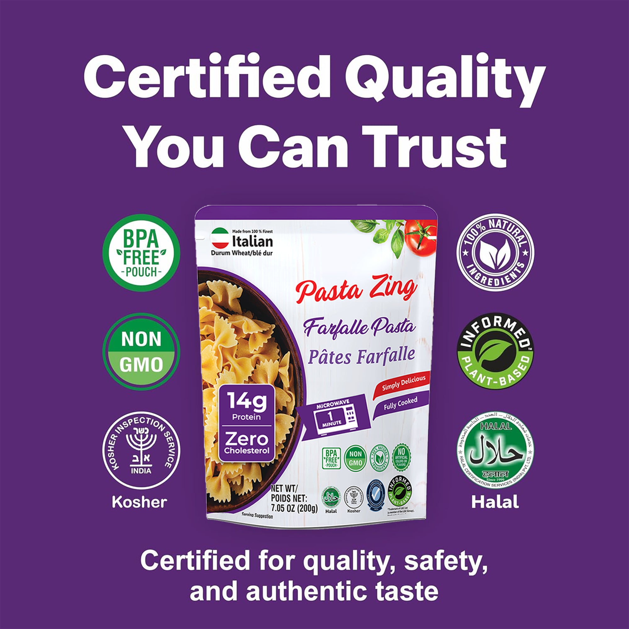 Pasta Zing Farfalle Pasta, Authentic Italian Al-Dente Texture, Ready in 1 Minute, 14g Protein 4g Fiber, Made with 100% Durum Wheat, Zero Sodium, Clean Label Shelf-Stable, 7.05 oz Pouch, Pack of 7 - Regal Kitchen Store