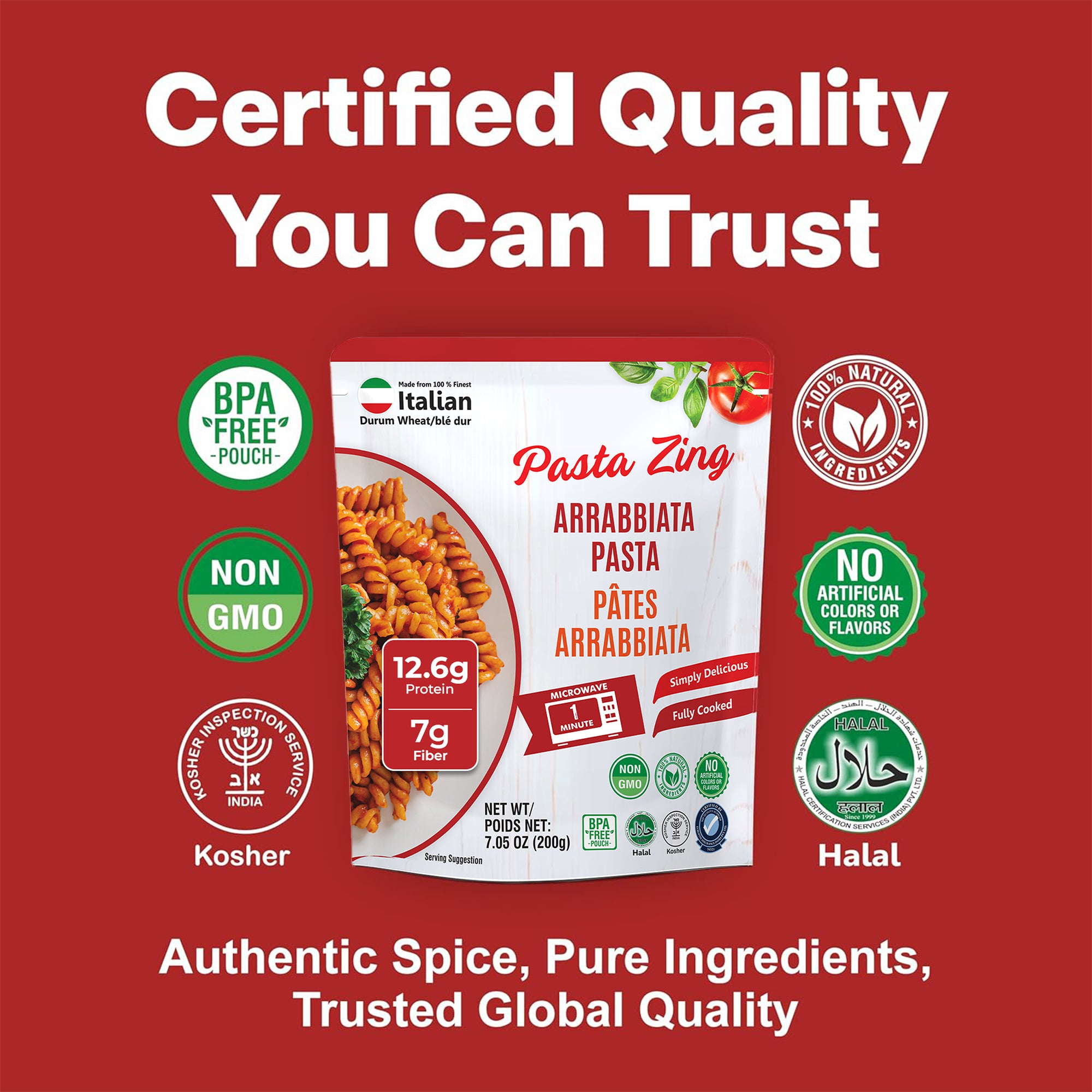 Pasta Zing Arrabbiata Pasta, Spicy Italian Al-Dente Fusilli, Ready in 1 Minute, Made with 100% Durum Wheat, 12.6g Protein 7g Fiber, Clean Label Shelf-Stable, 7.05 oz Pouch, Pack of 7 - Regal Kitchen Store