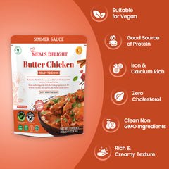 Regal Kitchen Foods USA gluten-free Butter Chicken Indian simmer sauce in 12.6 oz shelf-stable jar, ready in 20 minutes.