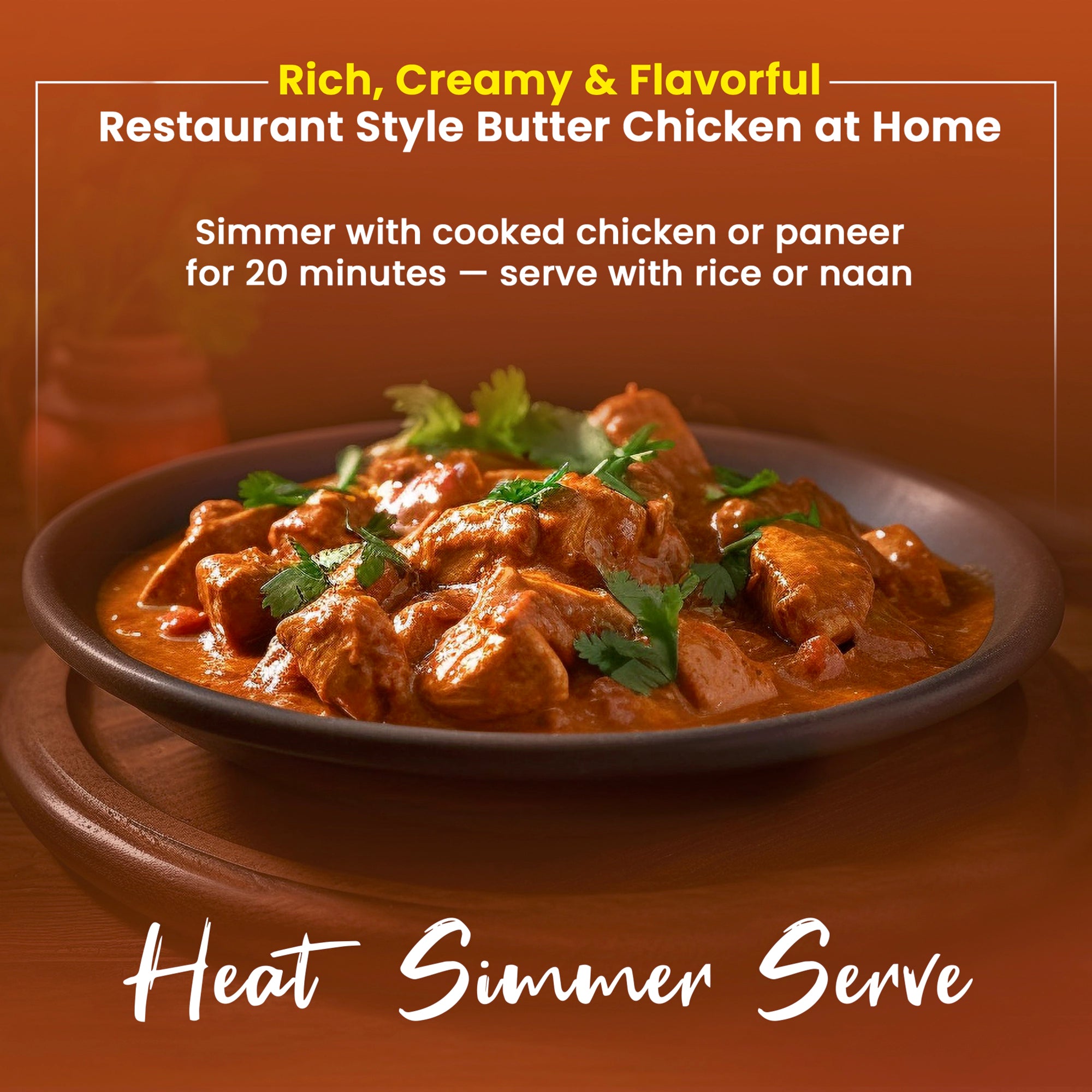 Regal Kitchen Foods gluten-free Butter Chicken simmer sauce in 12.6 oz jar, authentic Indian curry ready in 20 minutes, shelf-stable.