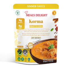 Regal Kitchen Foods gluten-free, plant-based Korma sauce in 12.6 oz jar, ready to simmer for authentic Indian curry in 20 minutes.