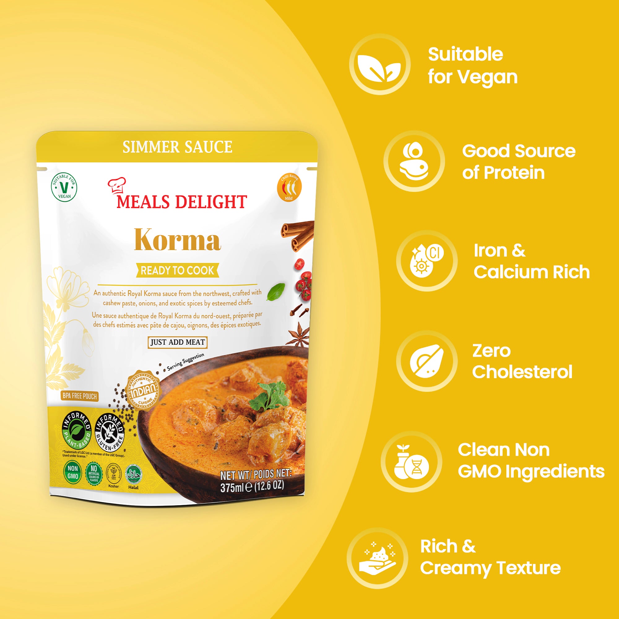Regal Kitchen Foods gluten-free plant-based Korma sauce in a jar, suitable for quick authentic Indian curry, 12.6 oz shelf-stable.