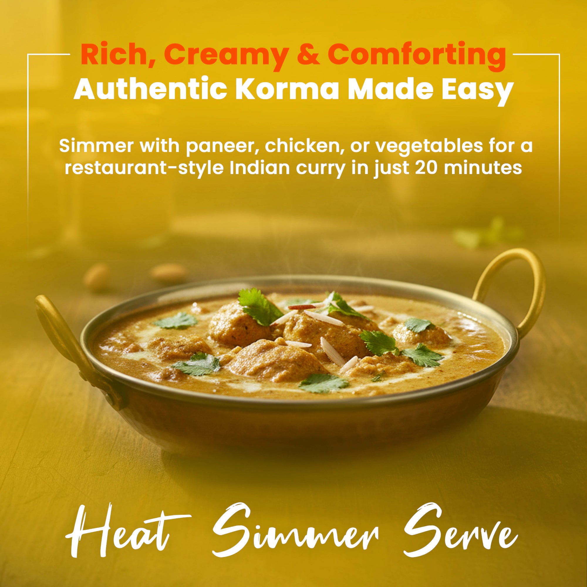 Jar of Regal Kitchen Foods Meals Delight Korma Sauce, gluten-free, plant-based Indian curry simmer sauce in a 12.6 oz shelf-stable container.