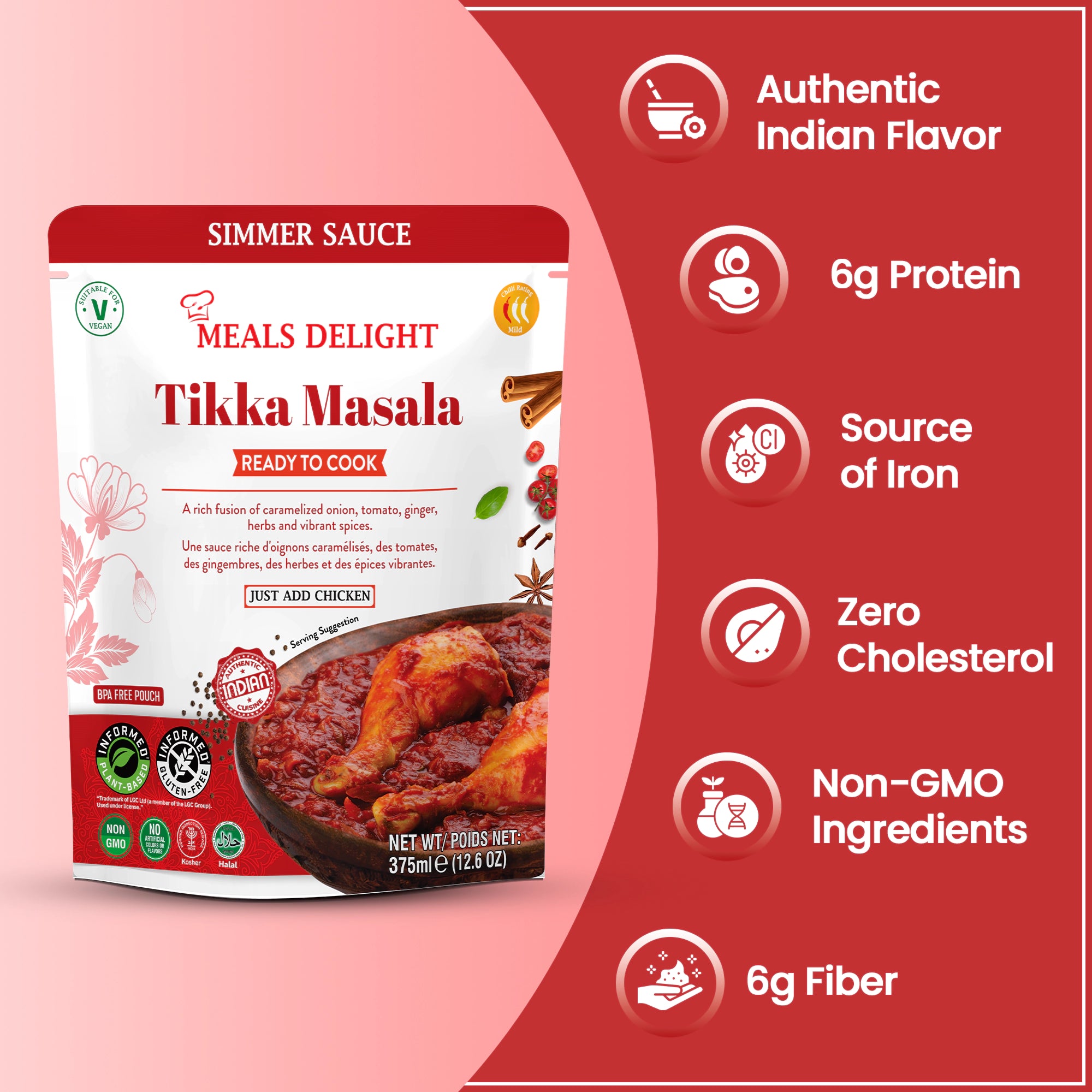 Pack of three Regal Kitchen Foods Indian Tikka Masala simmer sauces in 12.6 oz bottles, ready to cook authentic Indian curry.