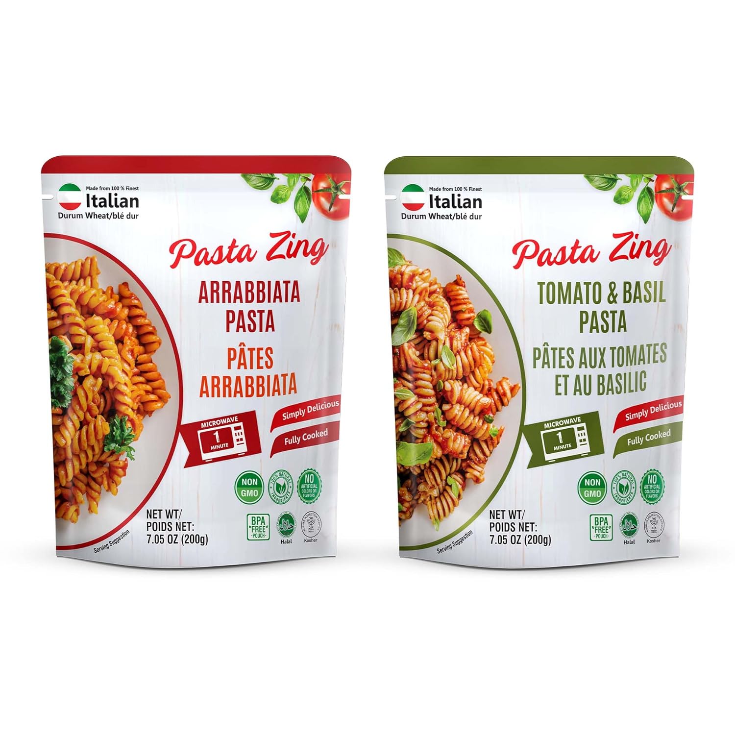 Assorted Regal Kitchen Foods Italian Pasta Zing pack with tomato basil and arrabbiata fusilli, high protein and fiber, ready in 1 minute.