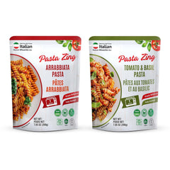 Assorted Regal Kitchen Foods Italian Pasta Zing pack with tomato basil and arrabbiata fusilli, high protein and fiber, ready in 1 minute.