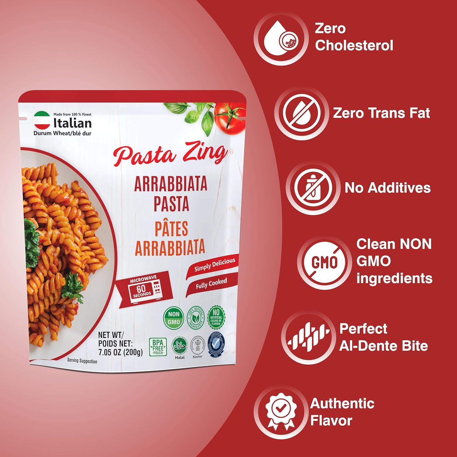 Assorted Pasta Zing Italian pasta variety pack with tomato basil and arrabbiata fusilli, high protein, high fiber, ready in 1 minute.