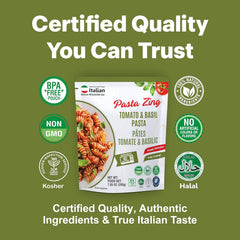 Assorted Pasta Zing Italian pasta variety pack with tomato basil and arrabbiata fusilli, high protein, high fiber, ready in 1 minute.