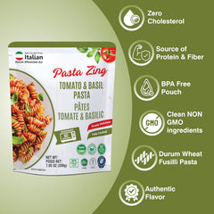 Pasta Zing Italian Pasta Variety Pack with Tomato & Basil and Arrabbiata Fusilli, high protein, high fiber, ready in 1 minute.
