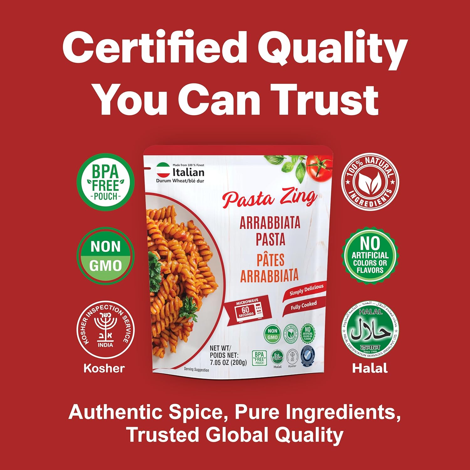 Assorted Pasta Zing Italian pasta variety pack with tomato basil and arrabbiata fusilli, high protein, high fiber, ready in 1 minute