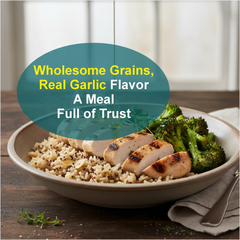 Pack of six Regal Kitchen Foods USA LLC organic ready-to-eat brown rice with quinoa and garlic, 8.8 oz each, total 52.8 oz.