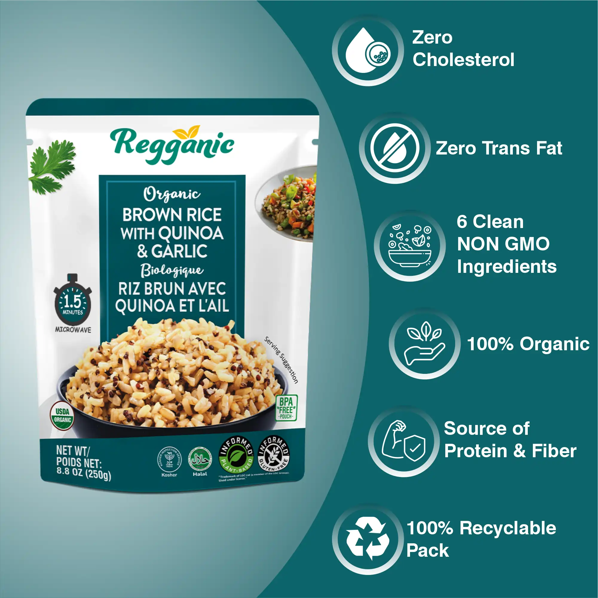 Organic ready-to-eat brown rice with quinoa and garlic from Regal Kitchen Foods USA LLC, 8.8 oz packs, six-count, ready to serve.