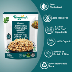 Organic ready-to-eat brown rice with quinoa and garlic from Regal Kitchen Foods USA LLC, 8.8 oz packs, six-count, ready to serve.