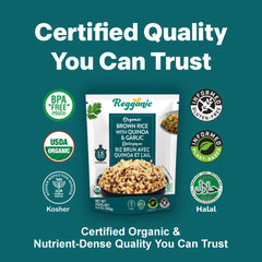 Six packs of Regal Kitchen Foods USA LLC Regganic organic brown rice with quinoa and garlic, ready-to-eat organic rice, 8.8 oz each