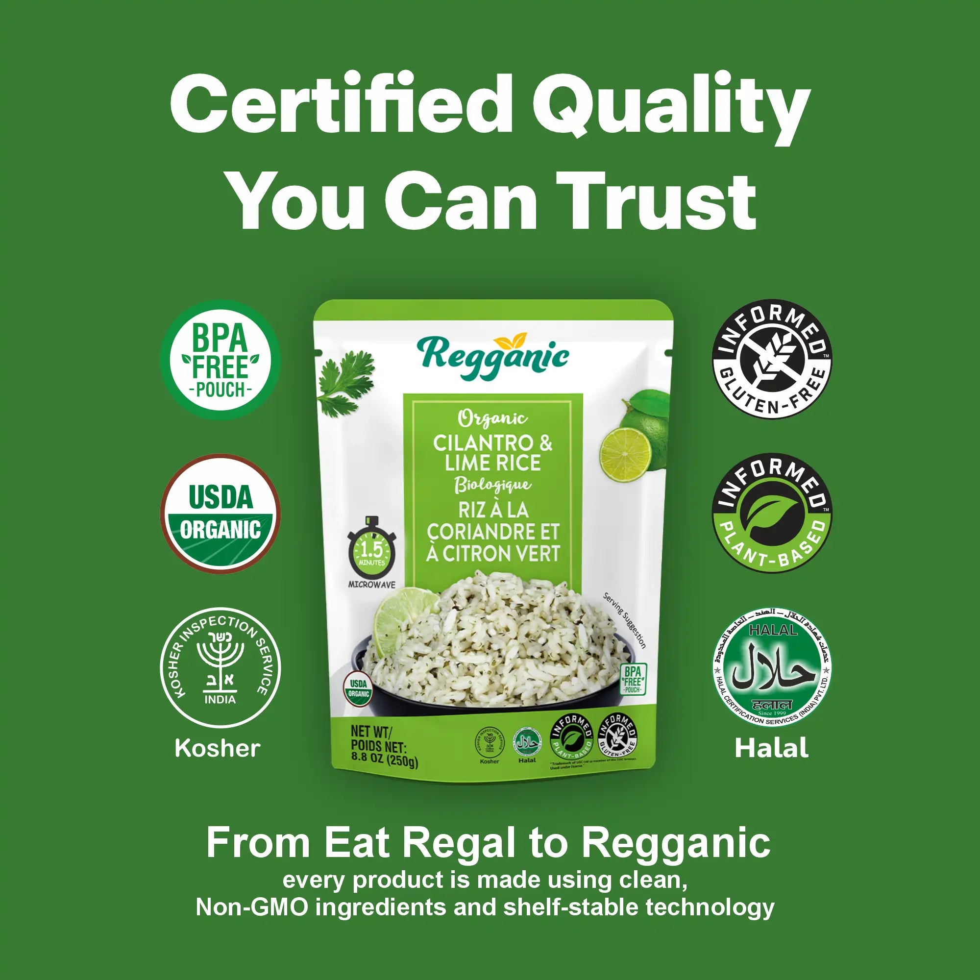 Regganic Organic Cilantro & Lime Rice – 8.8 oz Each (12 Count), Ready in 1.5 Minutes - Regal Kitchen Store