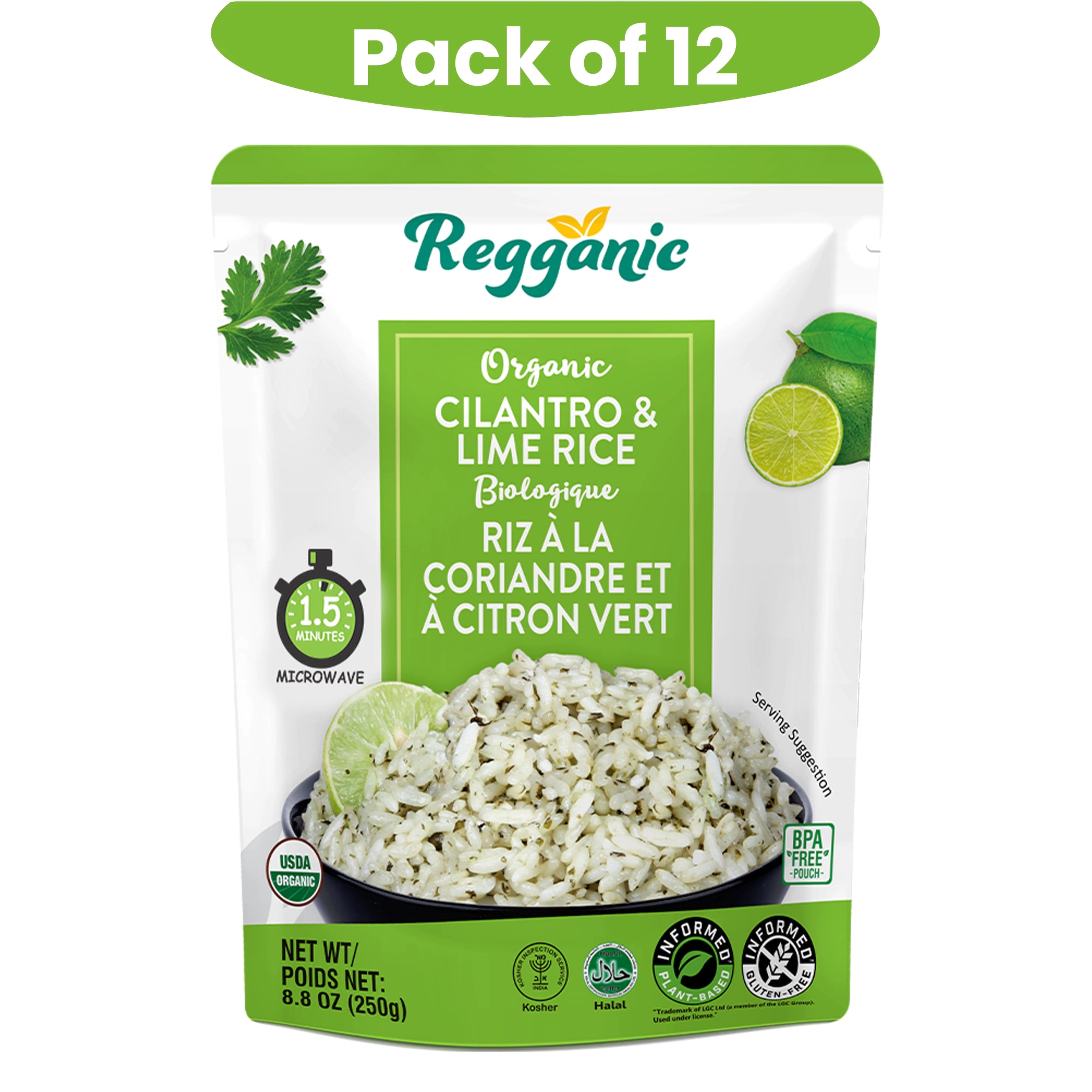 Regganic Organic Cilantro & Lime Rice – 8.8 oz Each (12 Count), Ready in 1.5 Minutes - Regal Kitchen Store