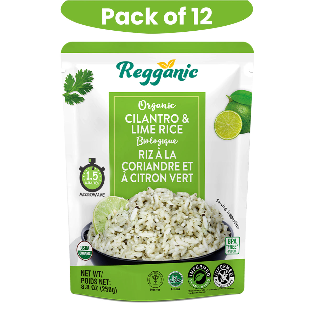 Regganic Organic Cilantro & Lime Rice – 8.8 oz Each (12 Count), Ready in 1.5 Minutes - Regal Kitchen Store