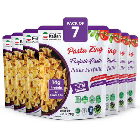 Pasta Zing Farfalle Pasta Pack of 7 | Fully Cooked Bowtie Pasta Ready in 1 Minute | 14g Protein Per Pouch | Zero Sodium | Non-GMO | Perfect Al Dente Bite | 7.05oz - Regal Kitchen Store 2000
