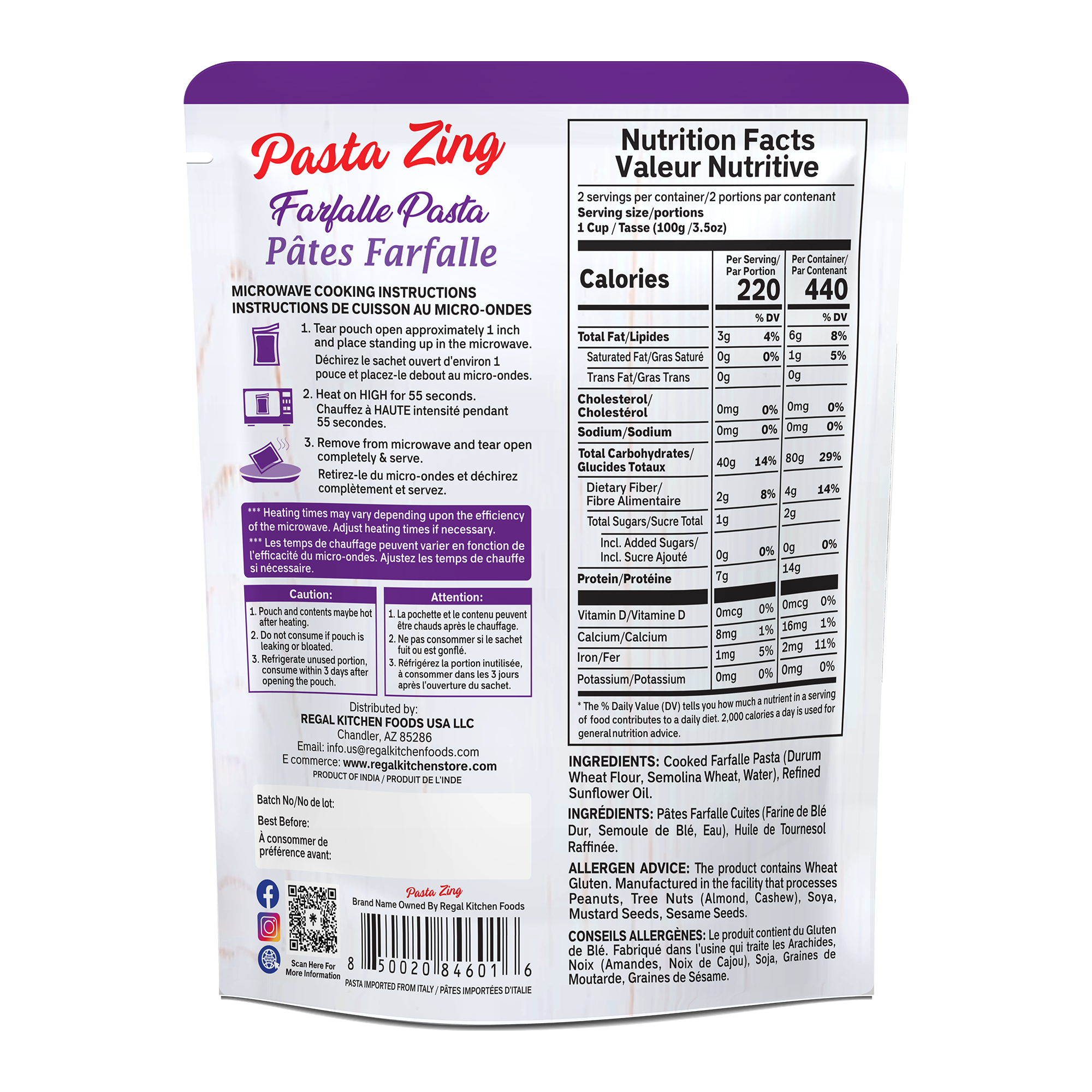Pasta Zing Farfalle Pasta Pack of 7 | Fully Cooked Bowtie Pasta Ready in 1 Minute | 14g Protein Per Pouch | Zero Sodium | Non-GMO | Perfect Al Dente Bite | 7.05oz - Regal Kitchen Store