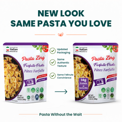 Pasta Zing Farfalle Pasta Pack of 7 | Fully Cooked Bowtie Pasta Ready in 1 Minute | 14g Protein Per Pouch | Zero Sodium | Non-GMO | Perfect Al Dente Bite | 7.05oz - Regal Kitchen Store