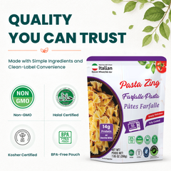 Pasta Zing Farfalle Pasta Pack of 7 | Fully Cooked Bowtie Pasta Ready in 1 Minute | 14g Protein Per Pouch | Zero Sodium | Non-GMO | Perfect Al Dente Bite | 7.05oz - Regal Kitchen Store