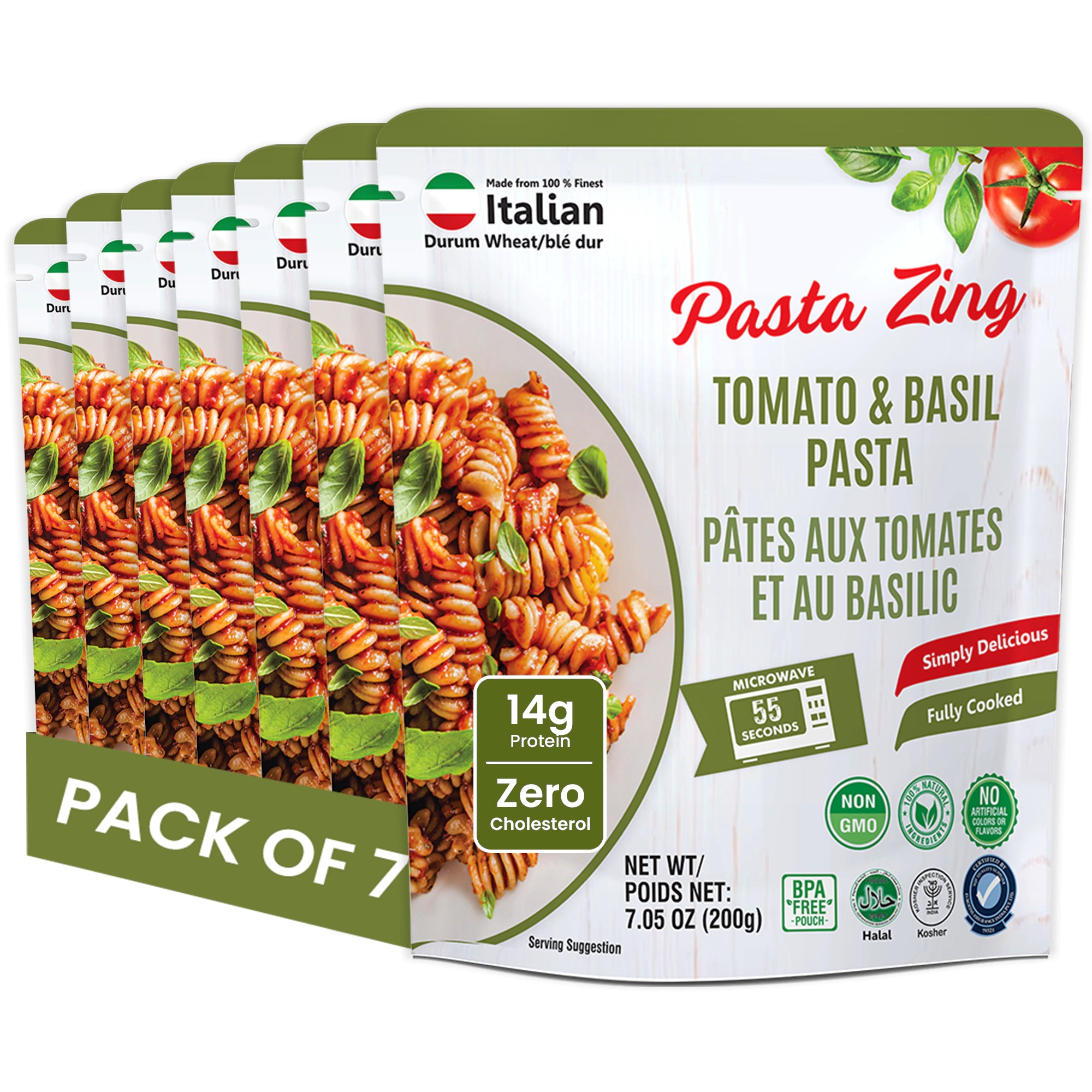 Pasta Zing Tomato & Basil Pasta, Pack of 7, Fully Cooked Fusilli Pasta with Tomato & Basil Sauce, Ready in 1 Minute, 14g Protein, 8.6g Fiber, 7.05 oz Pouches - Regal Kitchen Store