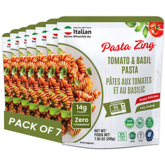 Pasta Zing Tomato & Basil Pasta, Pack of 7, Fully Cooked Fusilli Pasta with Tomato & Basil Sauce, Ready in 1 Minute, 14g Protein, 8.6g Fiber, 7.05 oz Pouches - Regal Kitchen Store