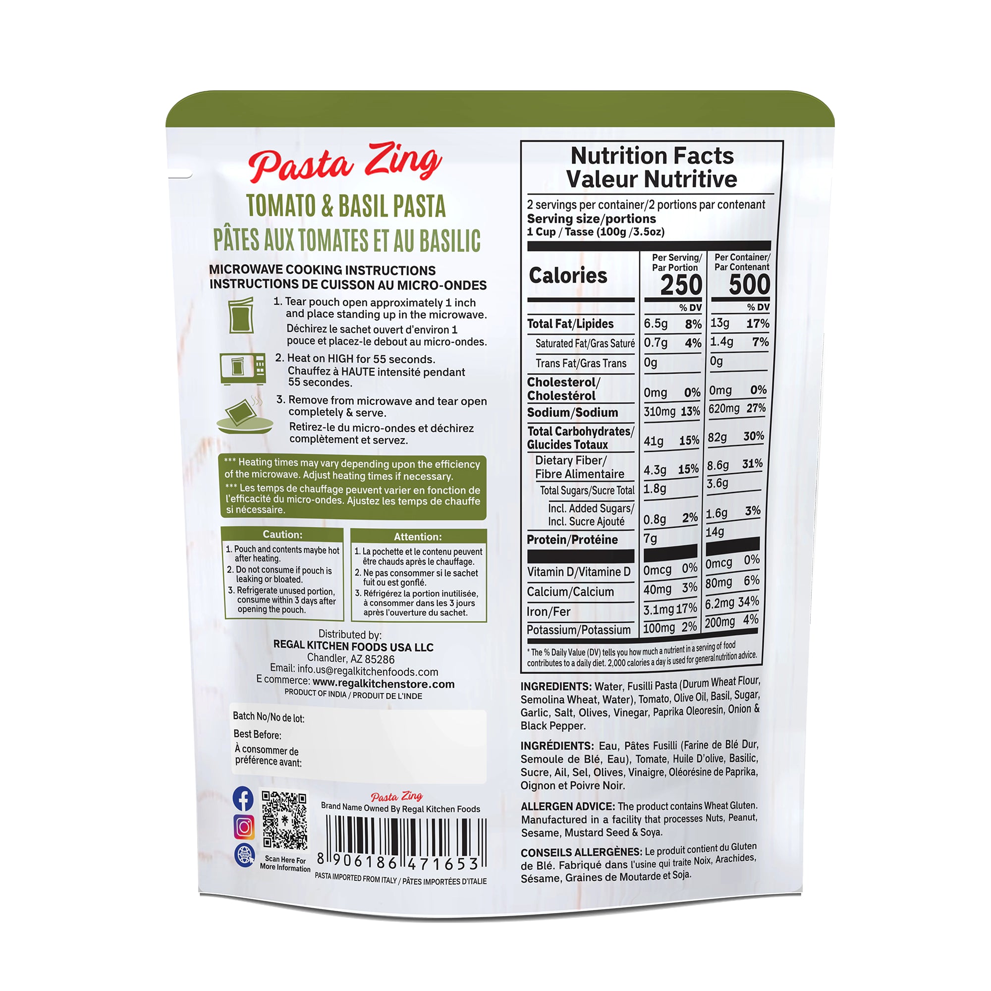 Pasta Zing Tomato & Basil Pasta, Pack of 7, Fully Cooked Fusilli Pasta with Tomato & Basil Sauce, Ready in 1 Minute, 14g Protein, 8.6g Fiber, 7.05 oz Pouches - Regal Kitchen Store