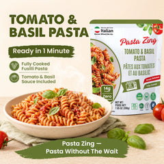 Pasta Zing Tomato & Basil Pasta, Pack of 7, Fully Cooked Fusilli Pasta with Tomato & Basil Sauce, Ready in 1 Minute, 14g Protein, 8.6g Fiber, 7.05 oz Pouches - Regal Kitchen Store